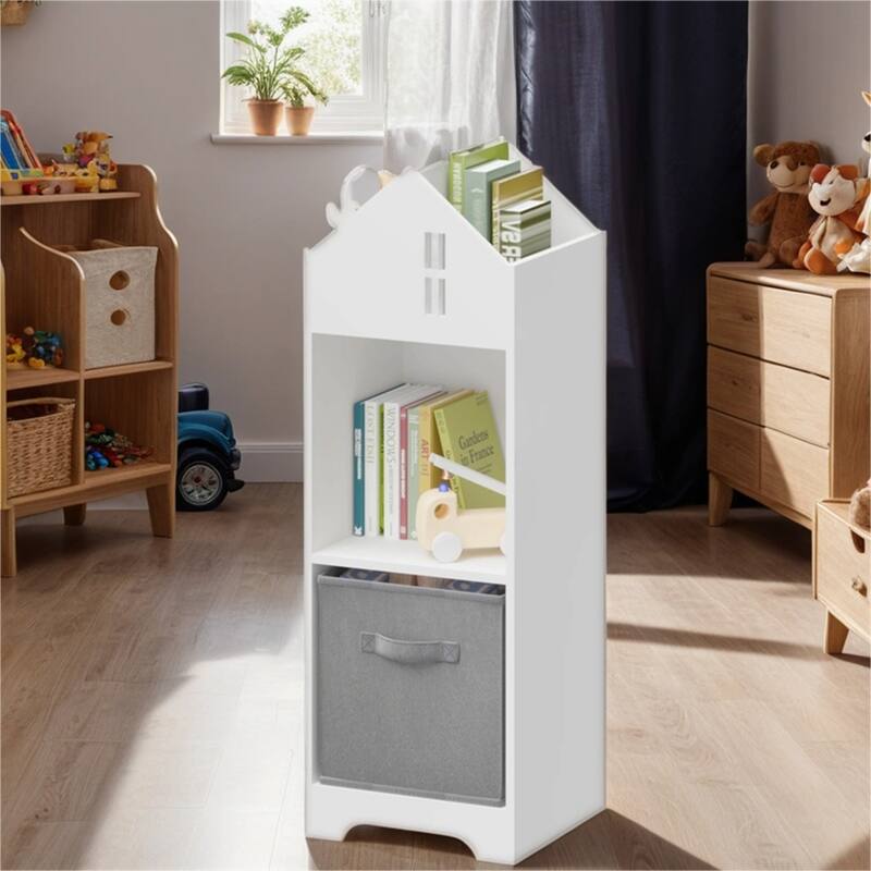 2-Tier Kids Bookcase with Storage and Collapsible Fabric Drawers