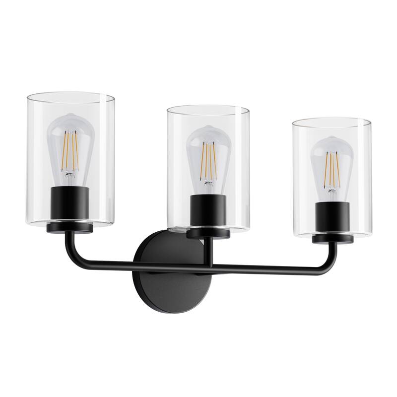 YANSUN 3-Light Black Vanity Light with Clear Cylindrical Glass Shades, Modern E26 Wall Sconce for Bathroom or Hallway