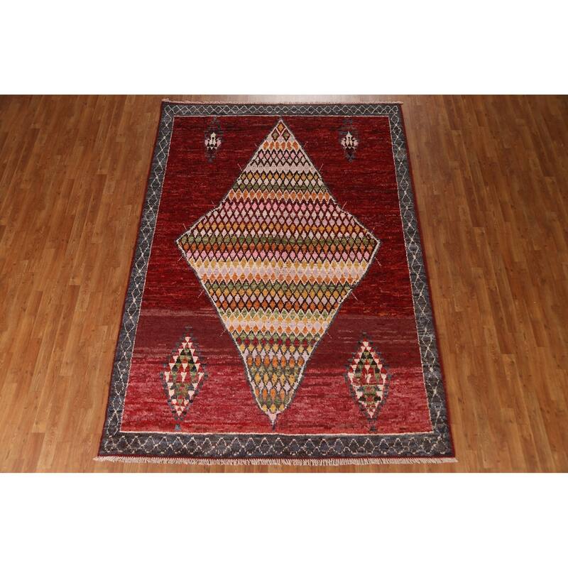 Hand Knotted Oriental 100% Wool Carpet Modern Tribal Red Moroccan Area Rug - 9' 8'' X 6' 11''