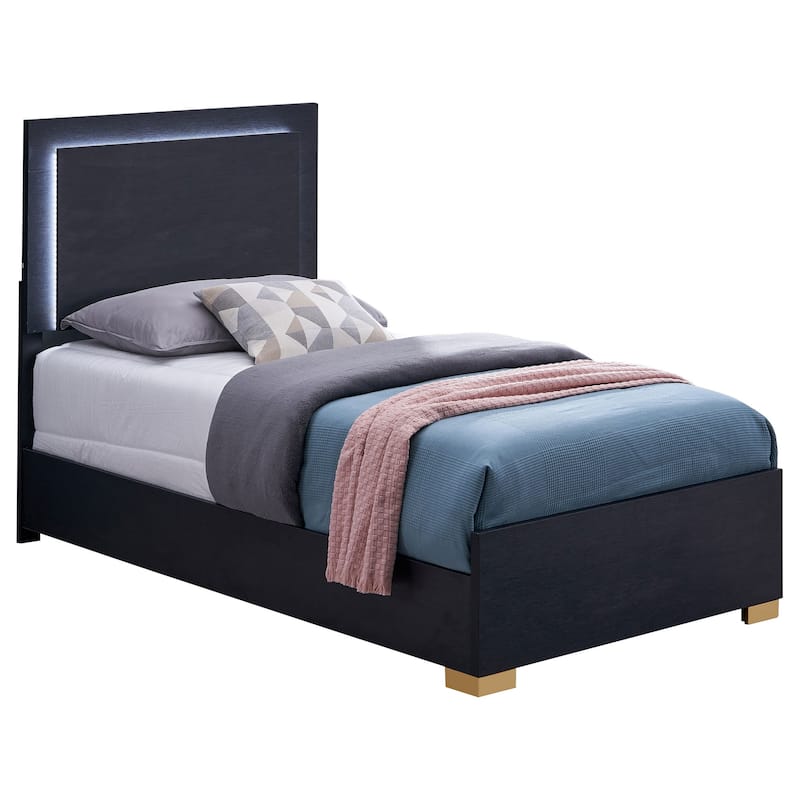 Dex Twin Size Bed with LED Framed Headboard, Black Wood Finish, Gold Legs