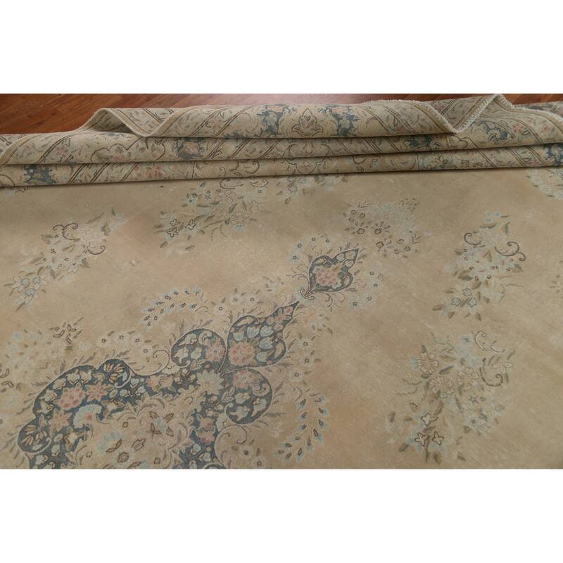 Distressed Floral Kerman Persian Area Rug Hand-knotted Wool Carpet - 10'1" x 14'1"