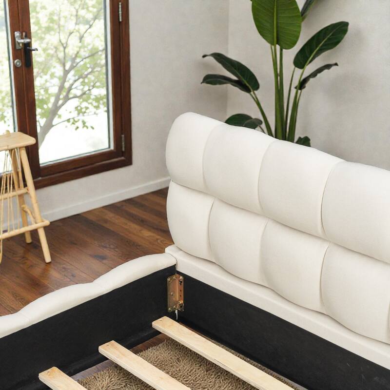 King Size Upholstered Platform Bed with Thick Linen Fabric, Low Profile Grounded Bed Frame, Solid Support