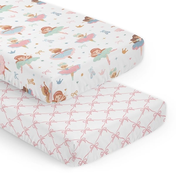 slide 2 of 6, Sweet Jojo Designs Ballerina and Bows Girl 2 Pack Fitted Crib Sheets Pink Bow Ballet Shoes Dancer Hearts Sparkles Princess Tutu
