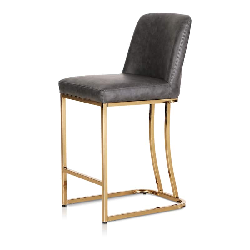 Bar Stool PU Leather Upholstered Dining Chair Middle Back Kitchen Stool Modern with Gold Polished Frame - Single - Grey