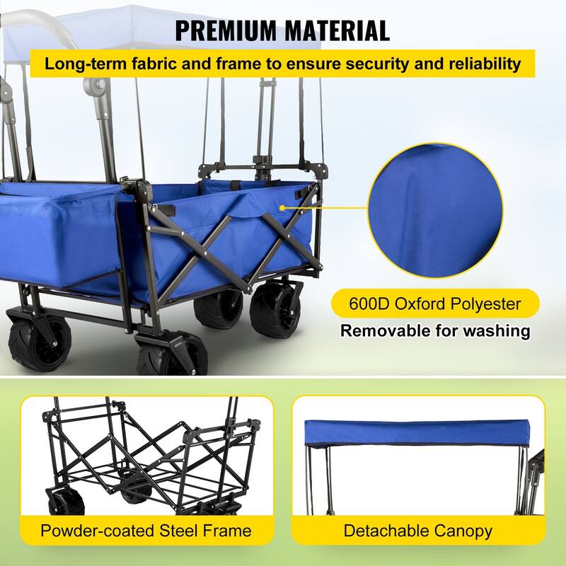 Extra Large Collapsible Garden Cart with Removable Canopy & Rear Storage - Folding Utility Wagon, Blue
