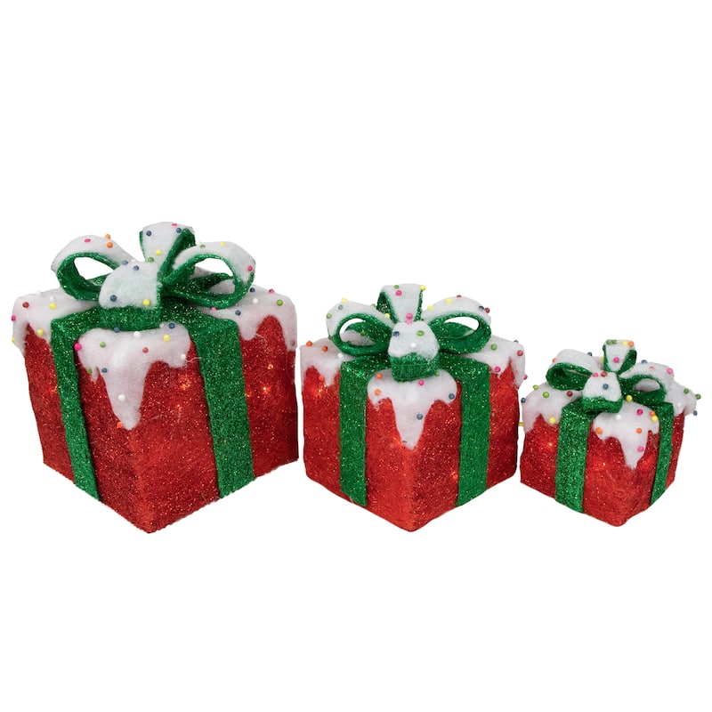 Set of 3 Lighted Snow and Candy Covered Sisal Gift Boxes Christmas Outdoor Decorations - 11.75"