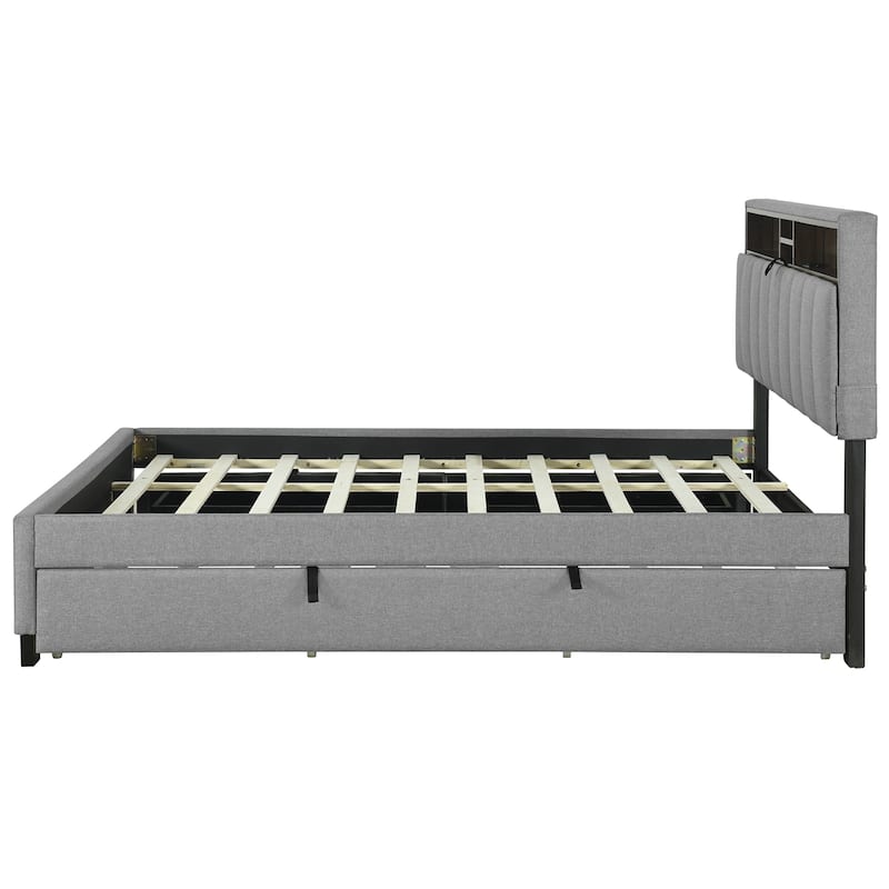 Queen size Upholstered Platform Bed w/ Twin XL Size Trundle & 2 Drawer
