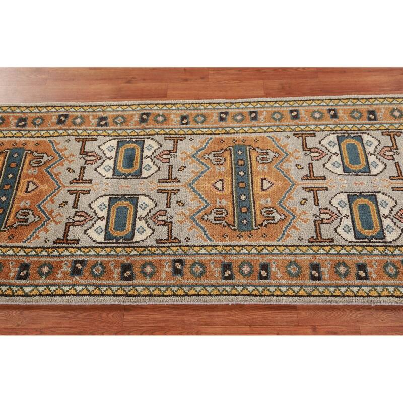 Hand Knotted Oriental 100% Wool Carpet Traditional Geometric Greys & Charcoal Heriz (serapi) Runner Rug - 8' 0'' X 2' 7''