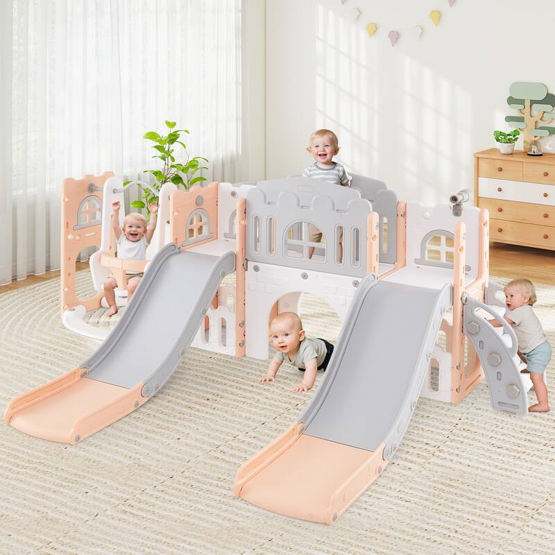 Gymax 10 in 1 Toddler Swing & Slide Set w/Basketball Hoop Telescope