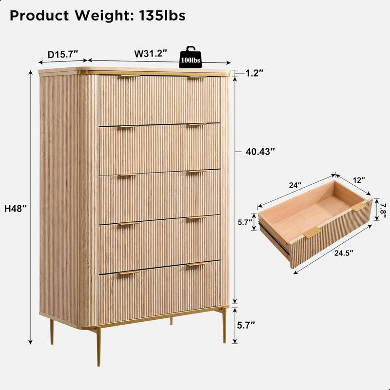 Modern Fluted 5 Drawers Dresser for Bedroom, Dresser Chest of Drawers