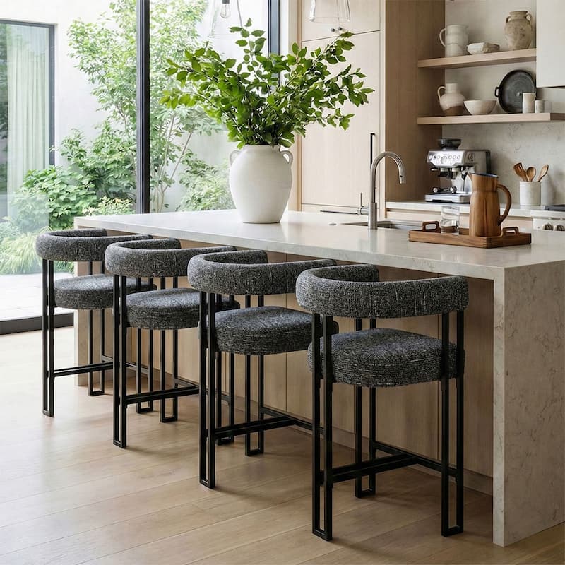 24" Seat Height Upholstered Tweed Solid Back Counter Stool(Set of 4) - Set of 4 - Black