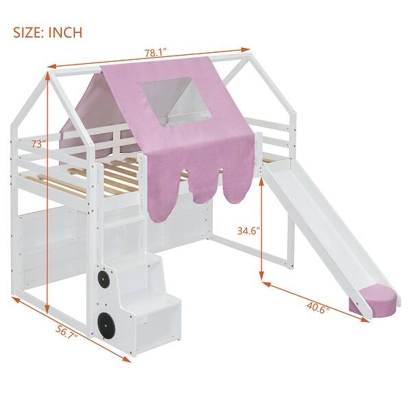 dimension image slide 3 of 4, Full Size Loft Bed with Slide, Tent, and Storage Shelves - House Frame Kids Bed with Ladder and Car-Shaped Organizer