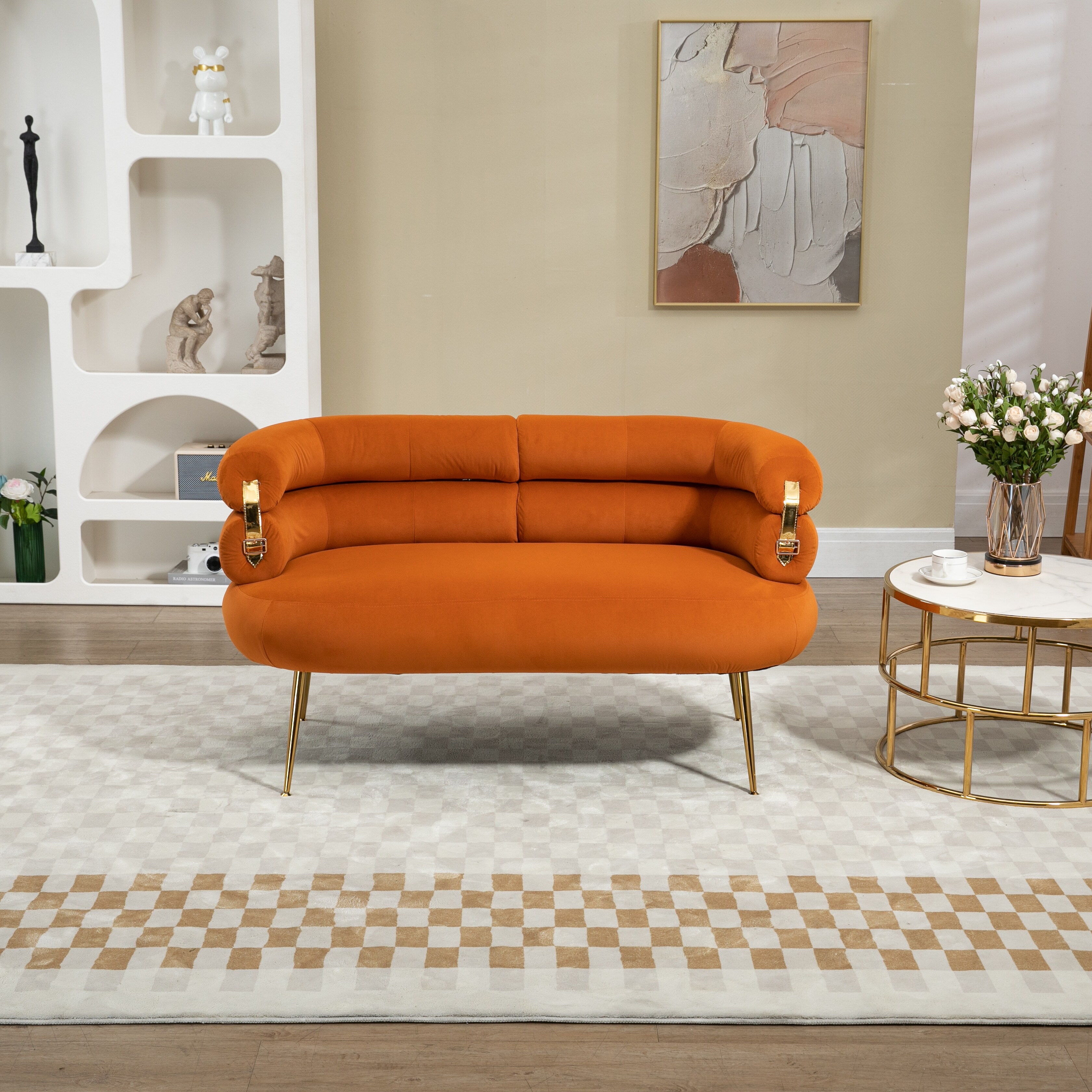 【Orange】LILLE SOFA 2P Orange Loveseat Sofa, Upholstered Mini Couch with Curved