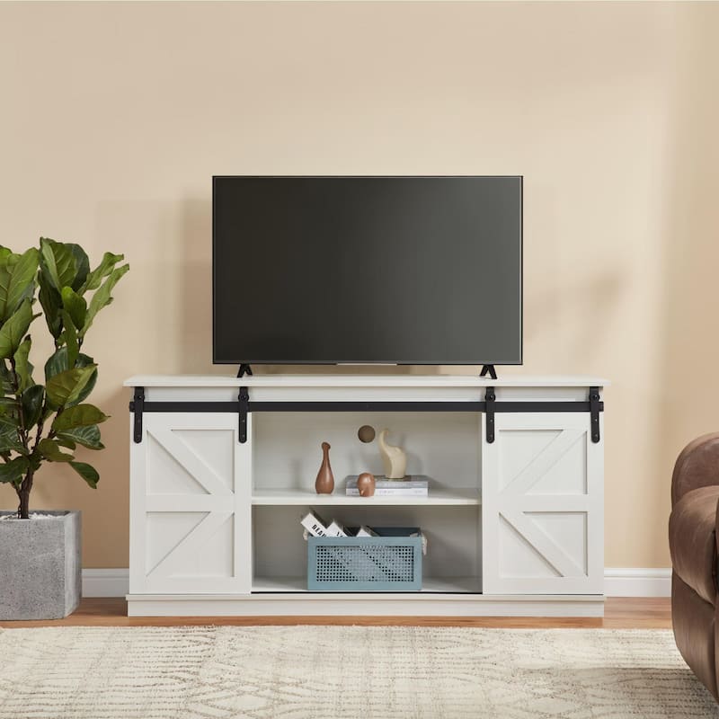 Homy Casa 58'' Farmhouse TV Stand. Sliding Barn Doors, Storage Cabinet