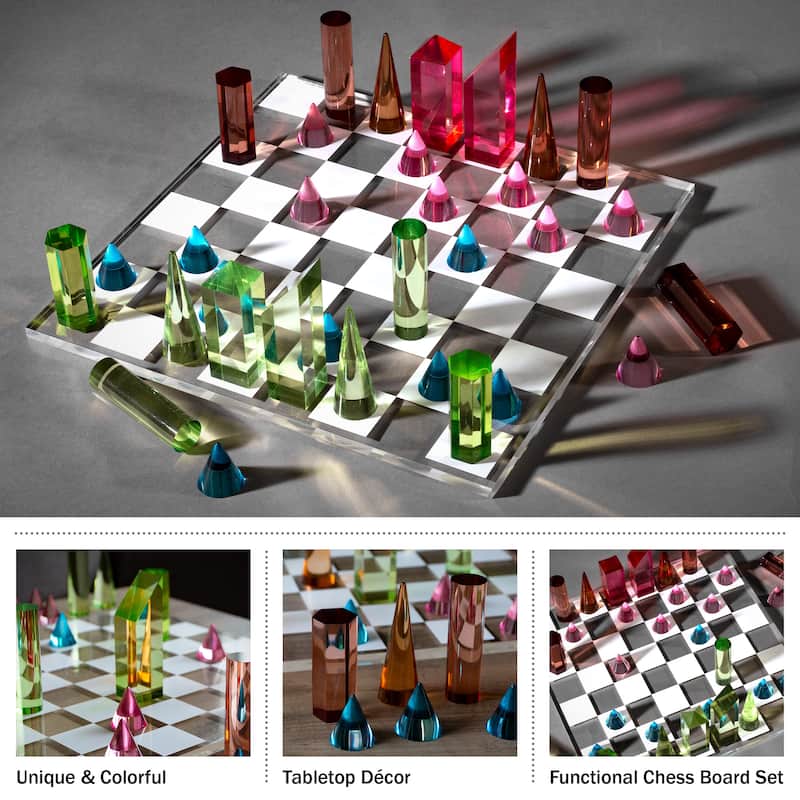 Modern Chess Set - Acrylic Chess Board with 32 Colorful Game Pieces by Trademark Games