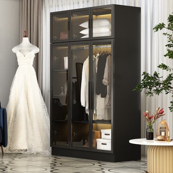 Lighted Modern Glass Door Wardrobe Armoire with Ample Storage - 47.2"
