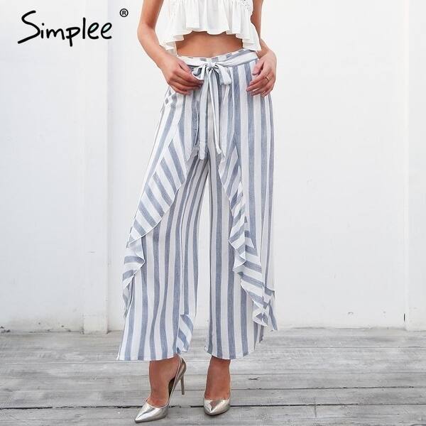 Shop Simplee Stripe Ruffle Trousers Women Bottom Sash High Waist