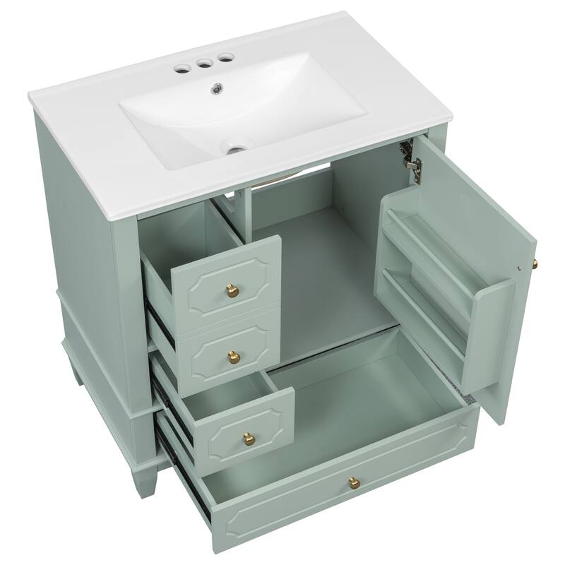 30" Bathroom Vanity With Sink, Freestanding Vanity Cabinet With Ceramic Basin, 3 Drawers, Storage Shelves Included