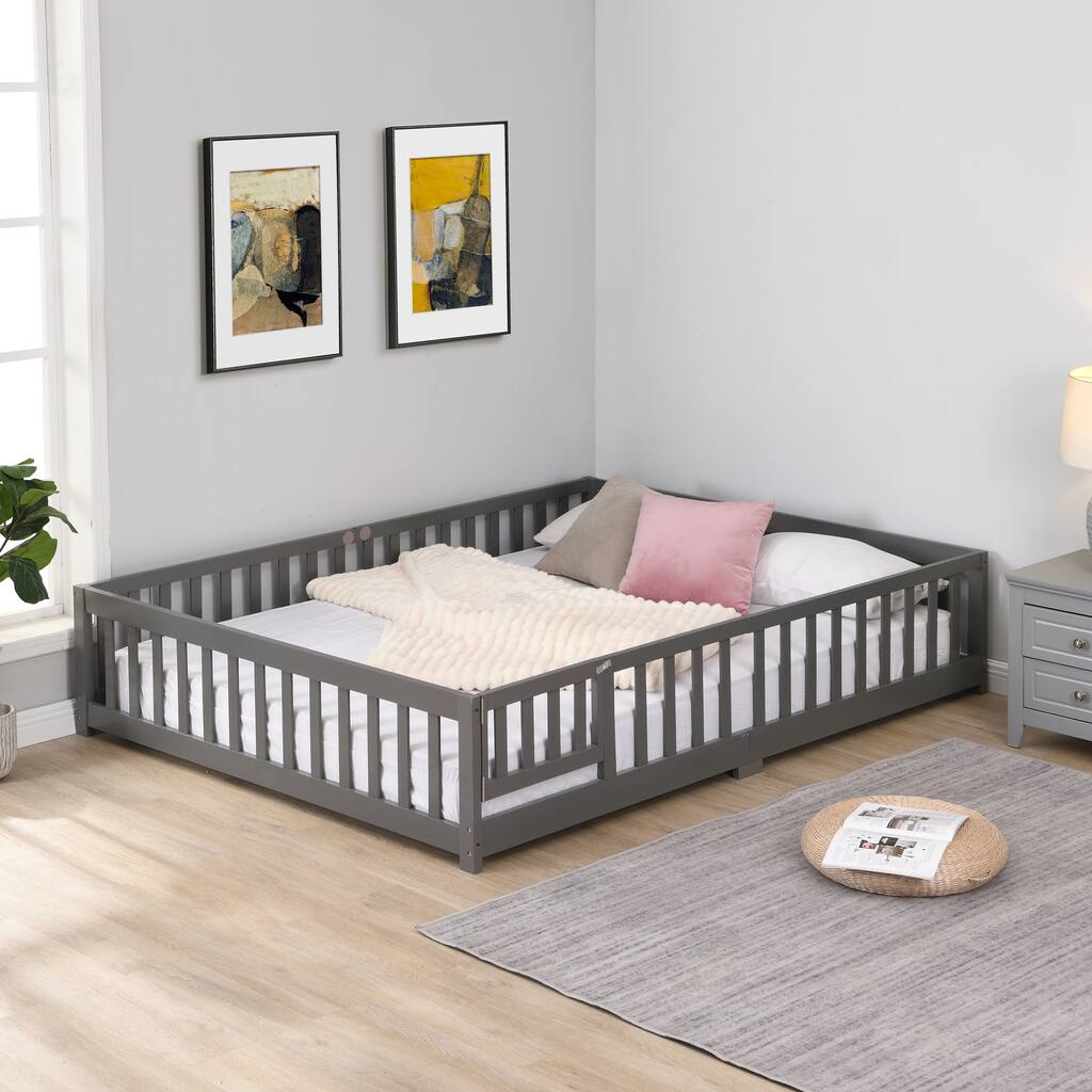 Gray Twin Size Wood Floor Bed with Door & Fence