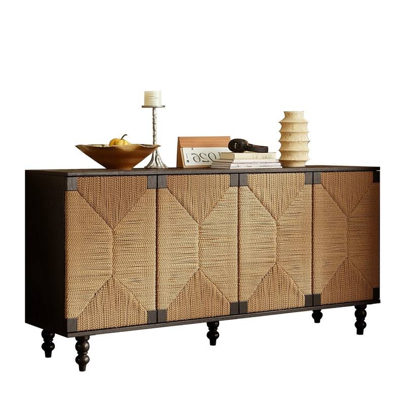 59" Sideboard Buffet Cabinet with Elegant Handwoven Seagrass Doors for Stylish Home Storage