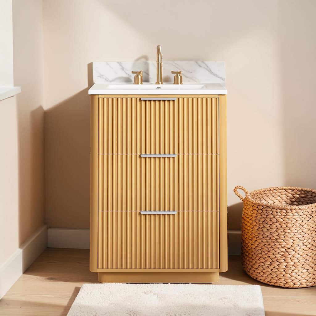 24 Inch Bathroom Vanity with Ceramic Sink, Modern Storage Cabinet with 3 Drawers and Open Shelf