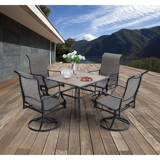 5-Piece Outdoor Patio Dining Set, 1 Wood Like Square Table with Umbrella Hole & 4 Textilene Swivel Chairs