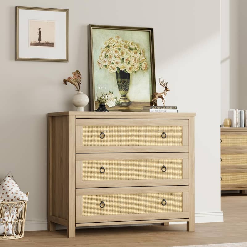 3/6/7 Drawer Rattan Dresser for Bedroom, Tall Freestanding Boho Chest of Drawers - 3-drawer