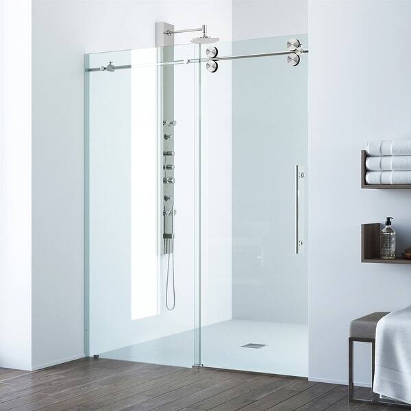 slide 2 of 31, VIGO Elan Clear Adjustable Frameless Sliding Shower Door 3L x 48W x 74H - Stainless Steel