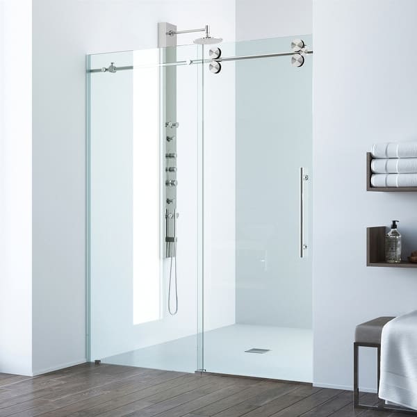 slide 2 of 7, VIGO Elan Frameless Sliding Shower Door 48" to 52" W x 74" H - Stainless Steel