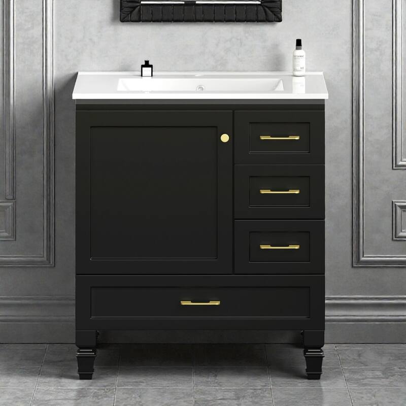 30" Bathroom Vanity Cabinet with Soft-Close Door & 3 Drawers, MDF Storage Vanity for Modern & Transitional Bathrooms - Black