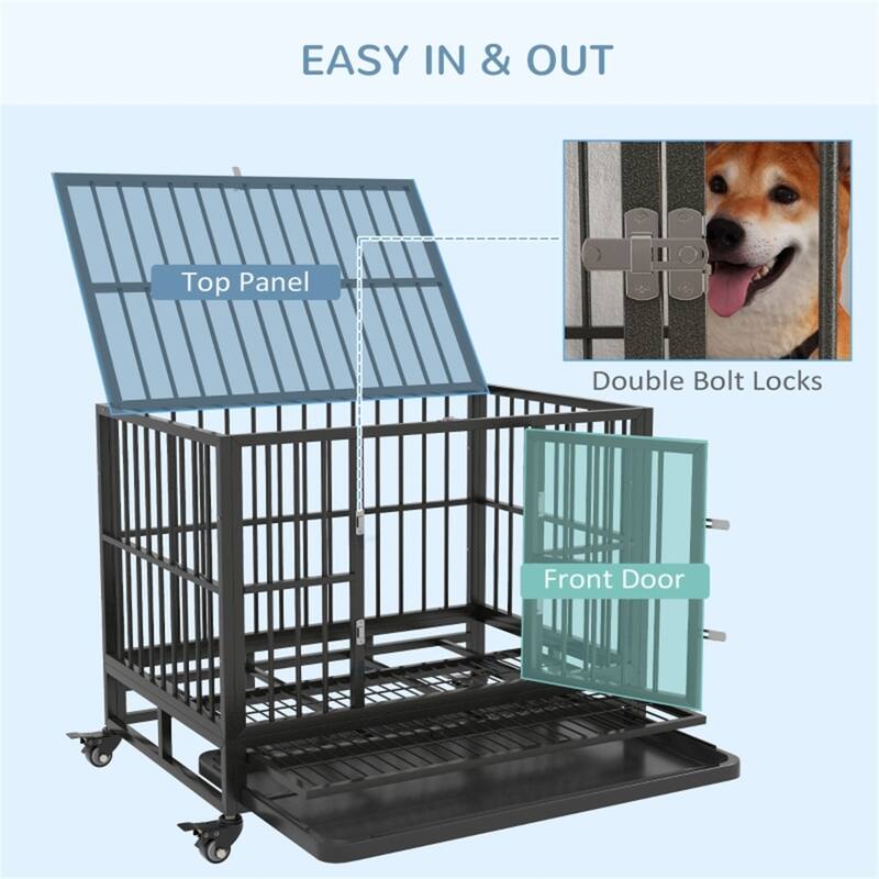 Grey Dog Cage with Secure Welded Frame Slide-Out Tray Front and Top Doors and Rolling Wheels