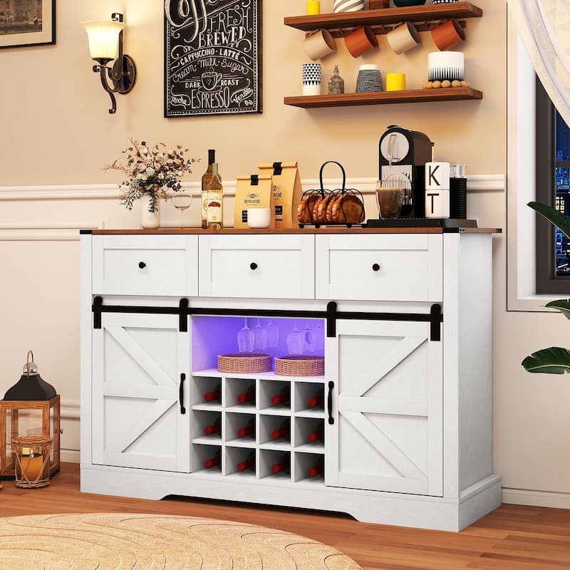 Gymax Wine Bar Cabinet w/LED Lights & Doors Coffee Station w/