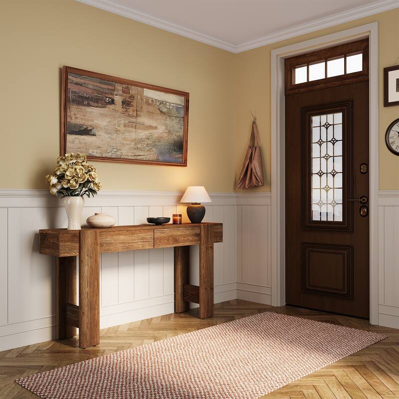 63" Long Solid Wood Console Table, Entryway Table with 2 Drawers, Sofa Table for Entrance, Hallway, Living Room