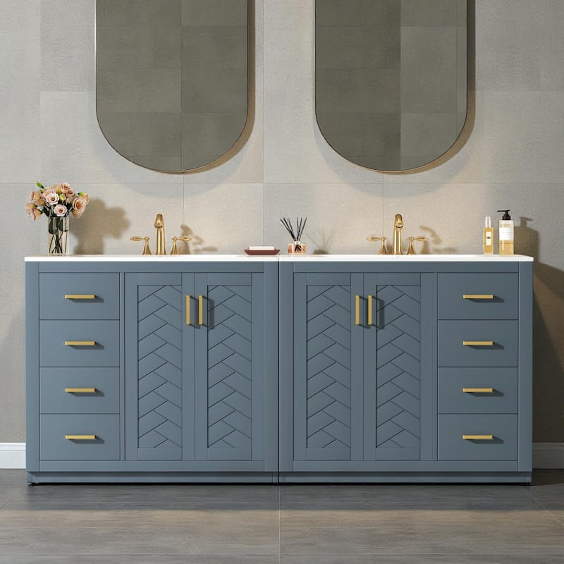 72" Solid Wood Bathroom Vanity with Dual Ceramic Sinks, Freestanding Double Sink Cabinet with Drawers and Soft-Closing Doors - Blue