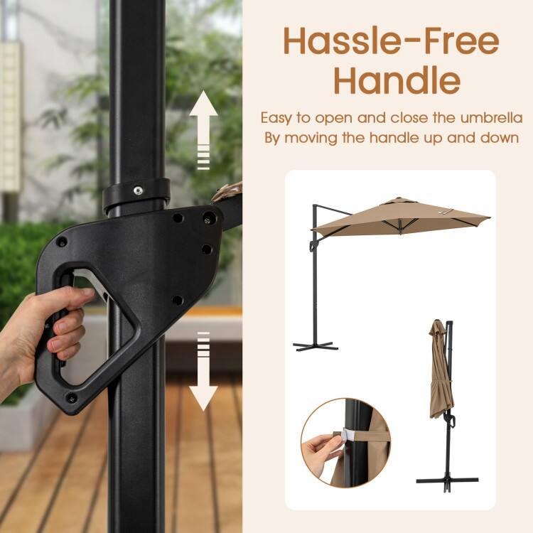 Brown Polyester Metal Cantilever Patio Umbrella with Vent and Stable Base - 9 x 8.2 ft.