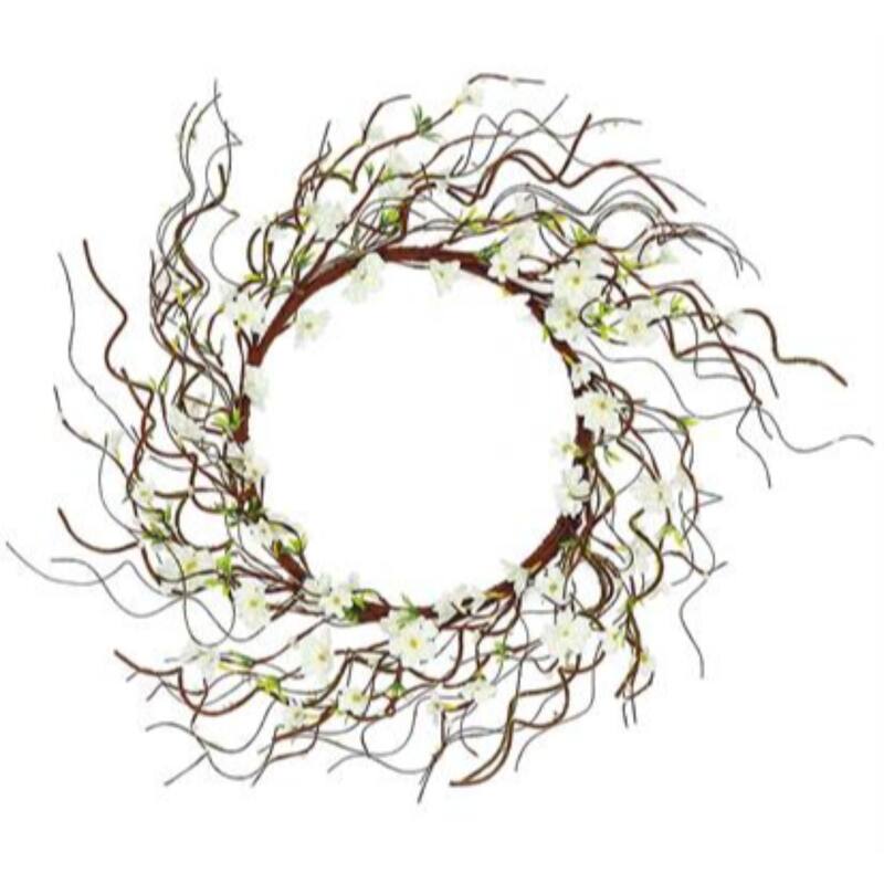 Twiggy Cherry Blossoms Artificial Spring Wreath, White Brown 24-Inch