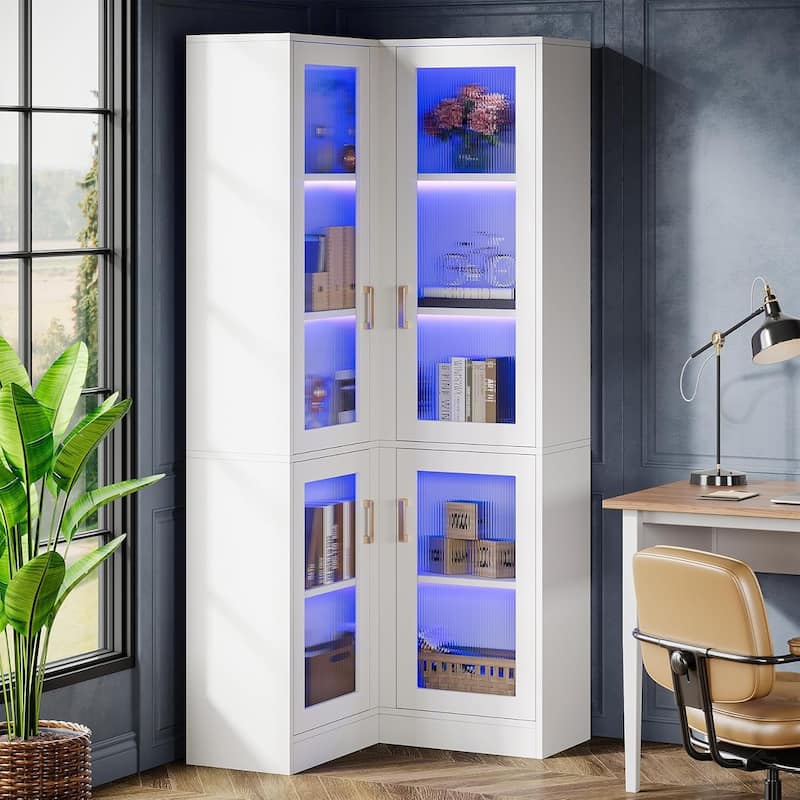 70.9-Inch White MDF Modern Bookcase with LED Light, 5-Tier Tall Bookshelf with Doors - White