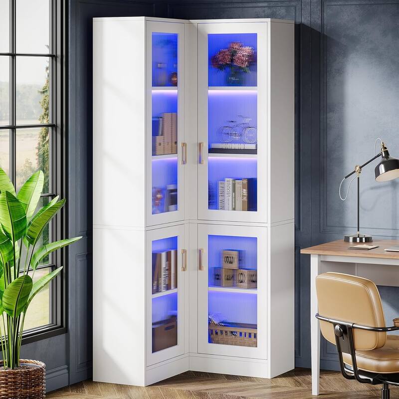 Tall Bookcase with LED Light, Modern 5-Tier Bookshelf Display Cabinet with 4 Acrylic Doors