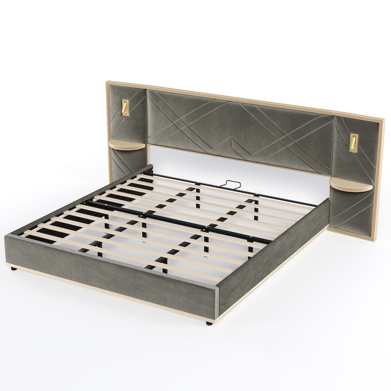 Christopher Knight Home - Voss Velvet Upholstered Bed with 2 Built-in LED Lights and 2 Storage Side Panels