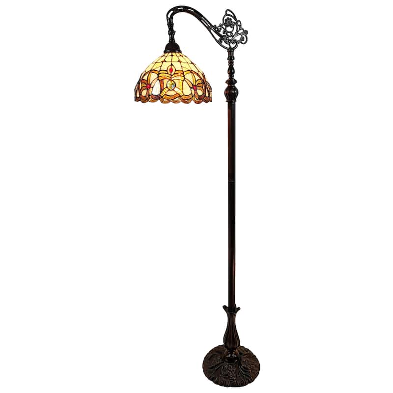 HomeRoots 62" Brown Metal Arched Floor Lamp With Amber and Red Flowers Stained Glass Shade - 11