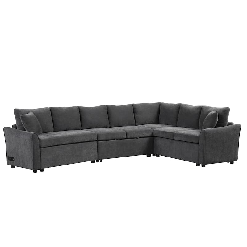 124.8"L-shaped Sofa Convertible Sofa Bed Pull Out Sofa Sleeper with Two Back Pillows, Two USB Ports and Two Power Sockets for Li