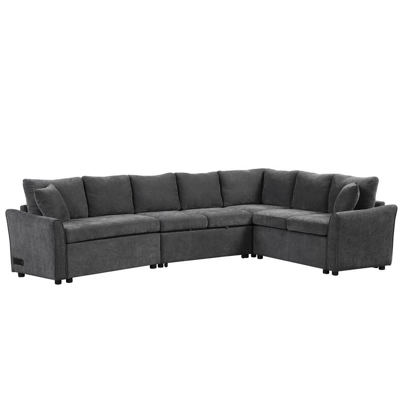 L-shaped Sofa Convertible Sofa Bed Pull Out Sofa Sleeper with Two Back Pillows, Two USB Ports and Two Power Sockets