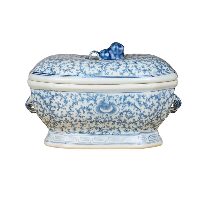 Blue & White Oval Fruit Jar Floral Motif With Squirrel Lid - 13.5x9x9