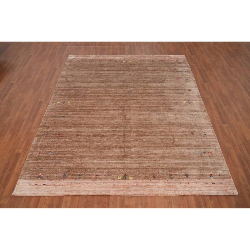Hand Knotted Oriental Viscose Silk Carpet Tribal Animal Pictorial Peach Gabbeh Area Rug - 9' 10'' X 8' 2''
