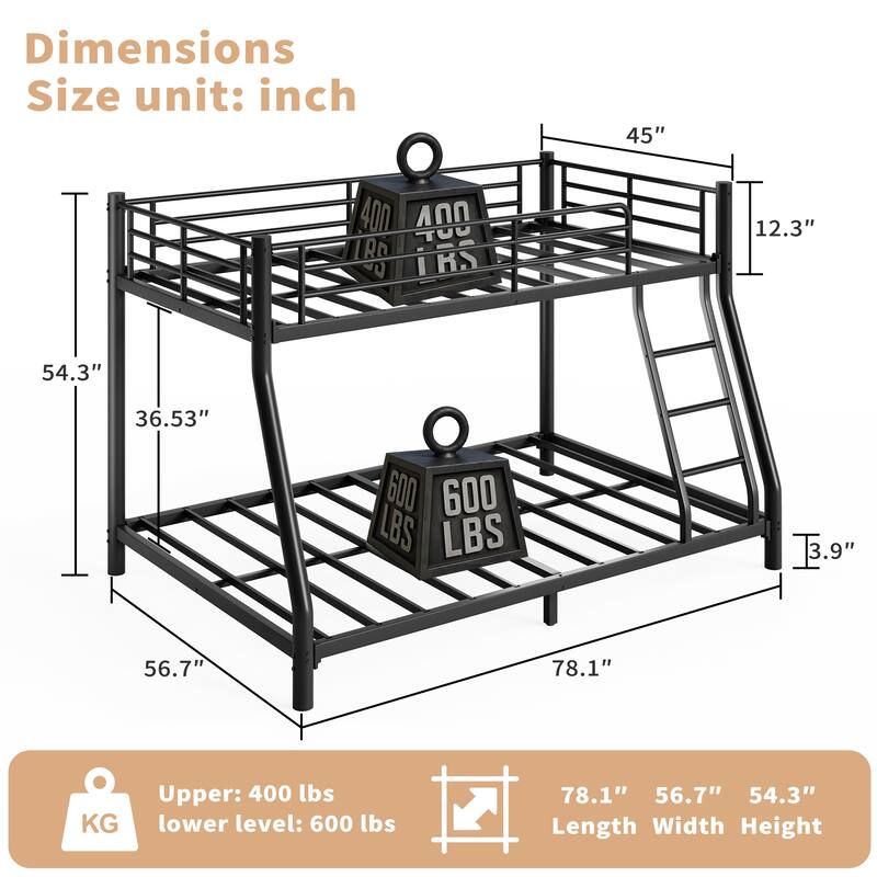 Twin Over Full Bunk Bed, Metal Bunk Bed Frame with Ladder, Safety Rail & Steel Slats, Space-Saving Bunk Beds