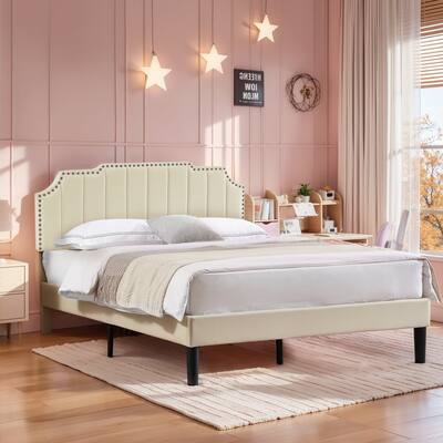 Javlergo Upholstered Platform Bed Frame with Nailhead Trimmed Adjustable Height Headboard No Box Spring Needed