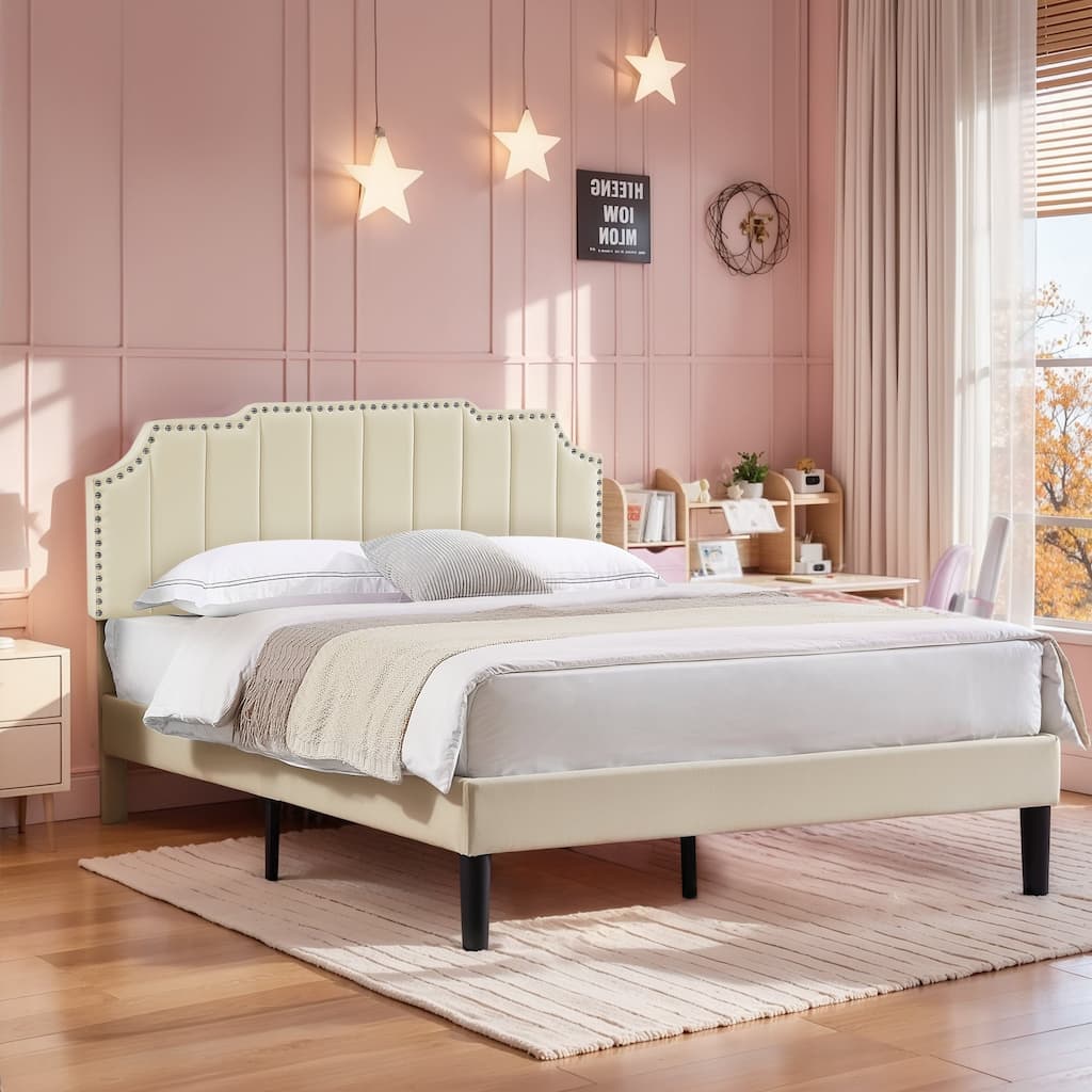 Javlergo Upholstered Platform Bed Frame with Nailhead Trimmed Adjustable Height Headboard No Box Spring Needed