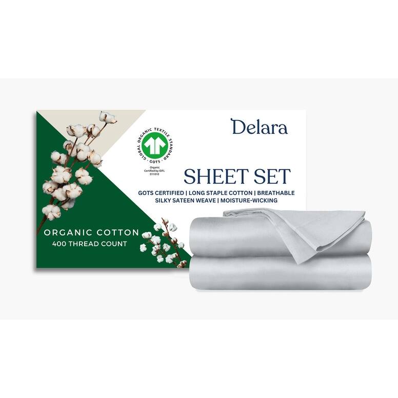 Delara GOTS Certified 100% Organic Cotton Sheet Sets, 400TC Long Staple Cotton, Ultra Soft, Moisture-Wicking,Smooth & Breathable - King (108"X105") - Light Grey