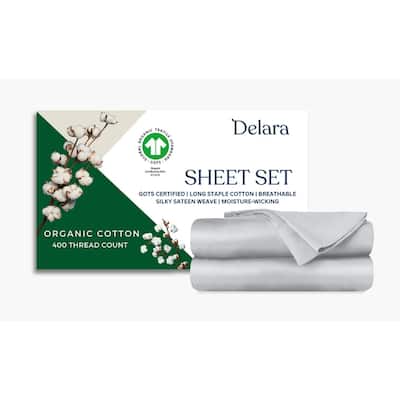 Delara GOTS Certified 100% Organic Cotton Sheet Sets, 400TC Long Staple Cotton, Ultra Soft, Moisture-Wicking,Smooth & Breathable