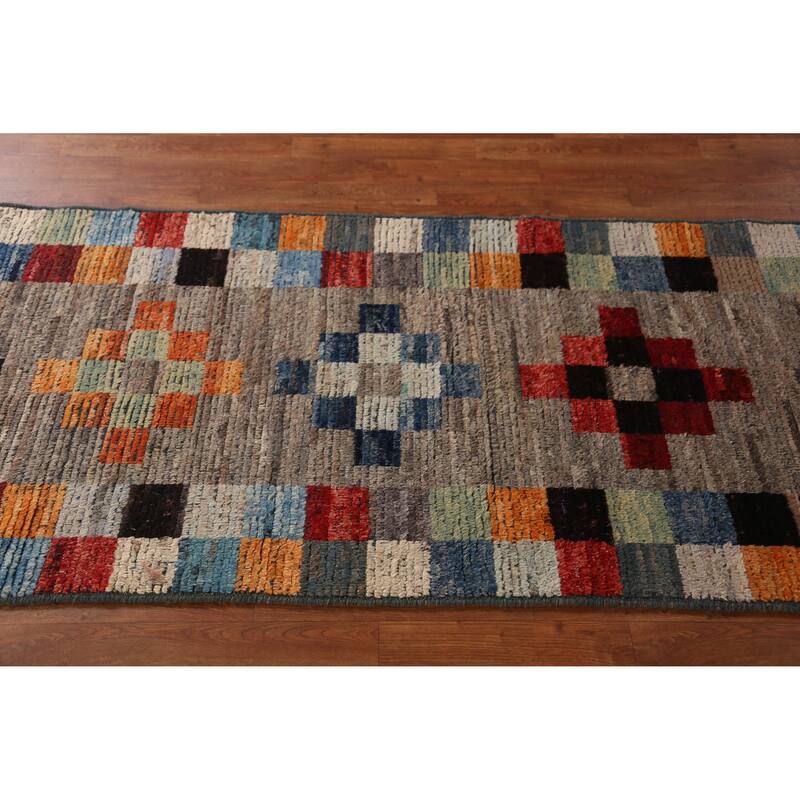 Moroccan Oriental Runner Rug Handmade Checkered Wool Carpet - 3'1" x 9'10"